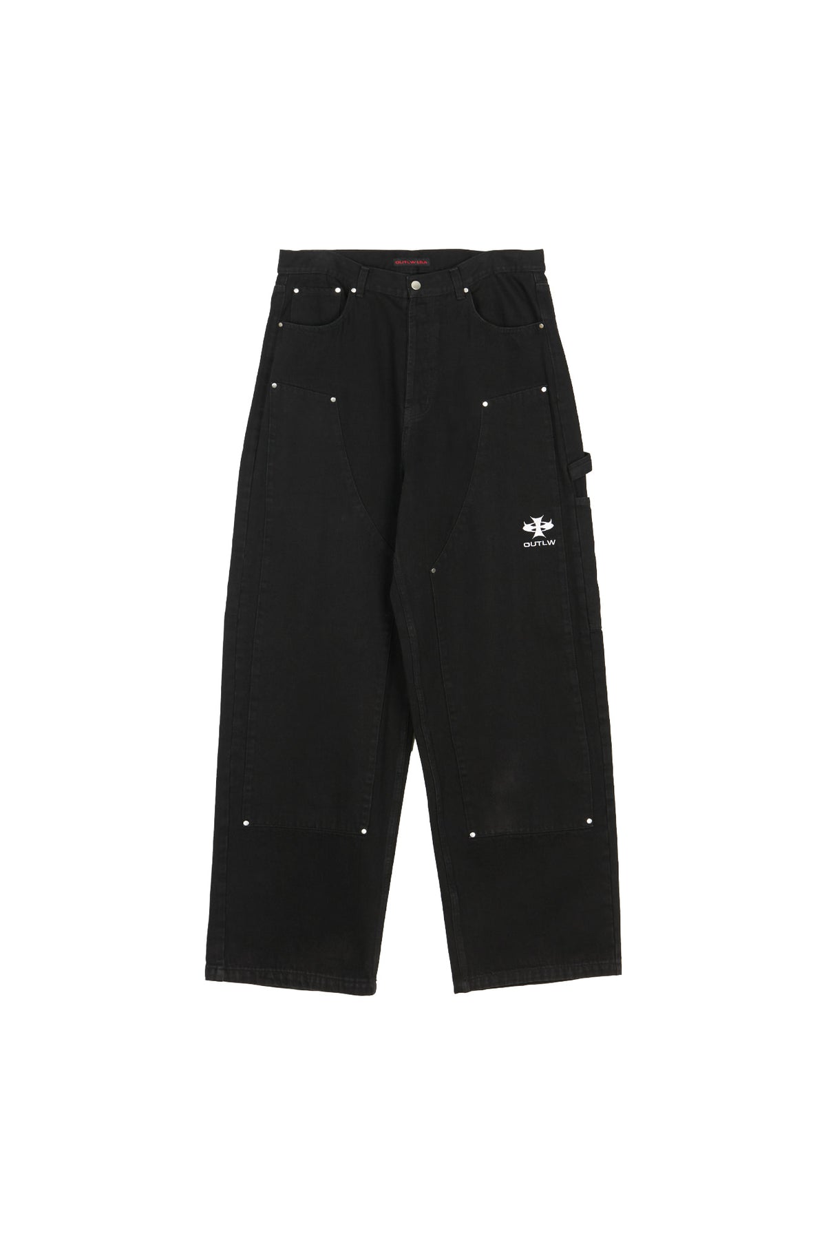 Black baggy carpenter work pants with white cross embroidery on a white background