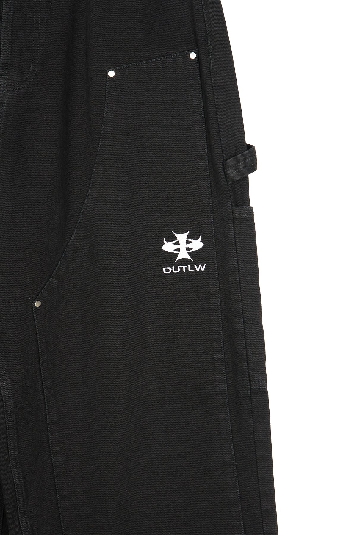 Black baggy denim with white OUTLW logo on a white background