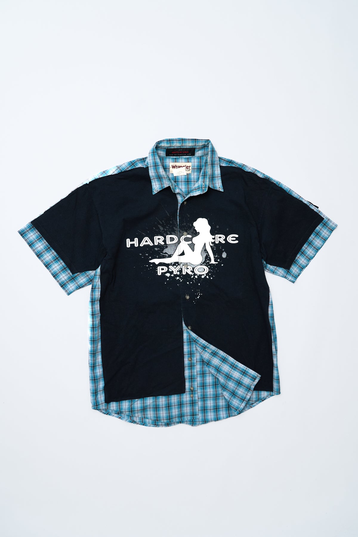 "HARDCORE AFTER DARK" Y2K PYRO × VINTAGE WRANGLER Check Shirt